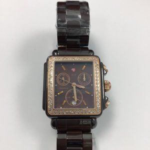 Michele Deco Brown Ceramic Diamond Bezel Watch